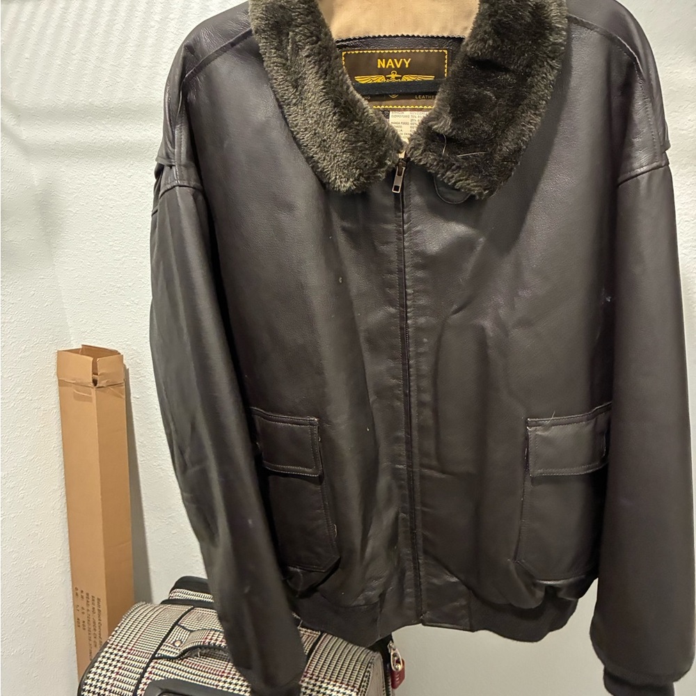 Black Leather Bomber Jacket with Fur Collar